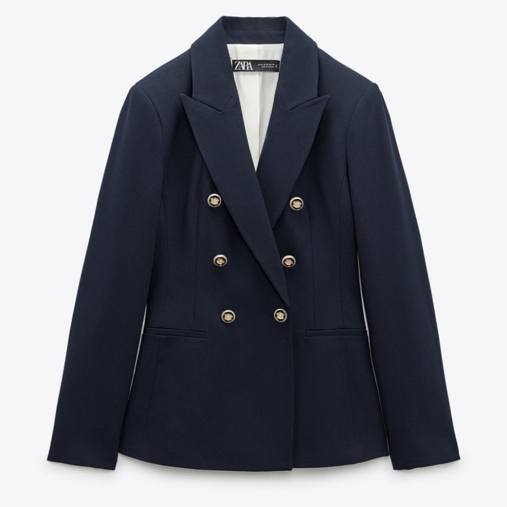 ZARA * DOUBLE BREASTED BLAZER NAVY PIQUE BLAZER - Picture 11 of 13